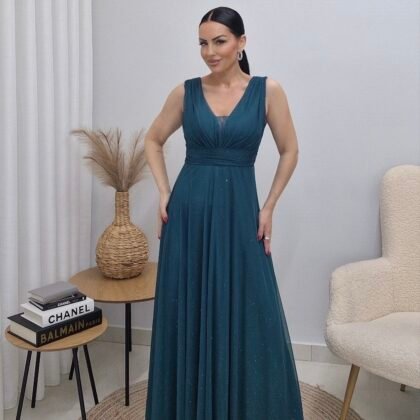 Maxi Lurex Φόρεμα με V Ντεκολτέ – Πετρόλ