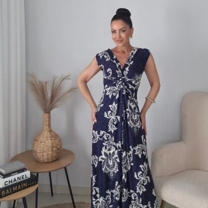 Maxi Φόρεμα με Κόμπο & Baroque Print – Navy/White