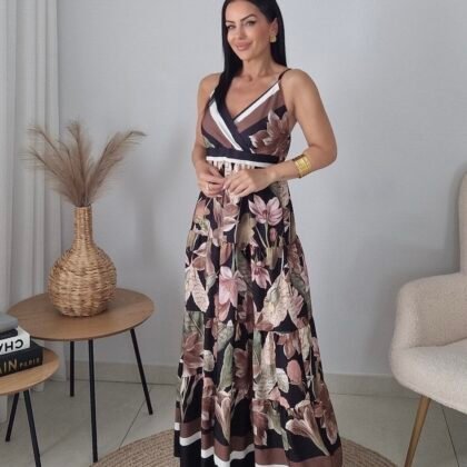 Maxi Floral Κρουαζέ Φόρεμα με Λάστιχο στη Μέση