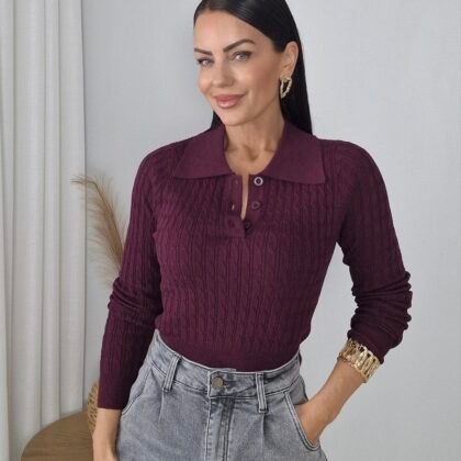 Burgundy Polo Knit Top