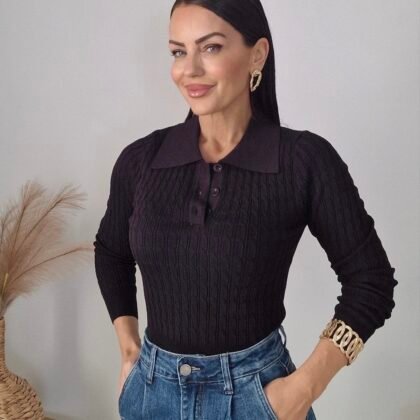 Black Polo Knit Top