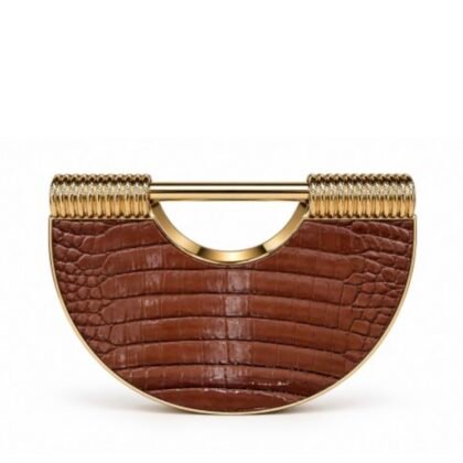 Καφέ Clutch Croco με χρυσό πλαίσιο